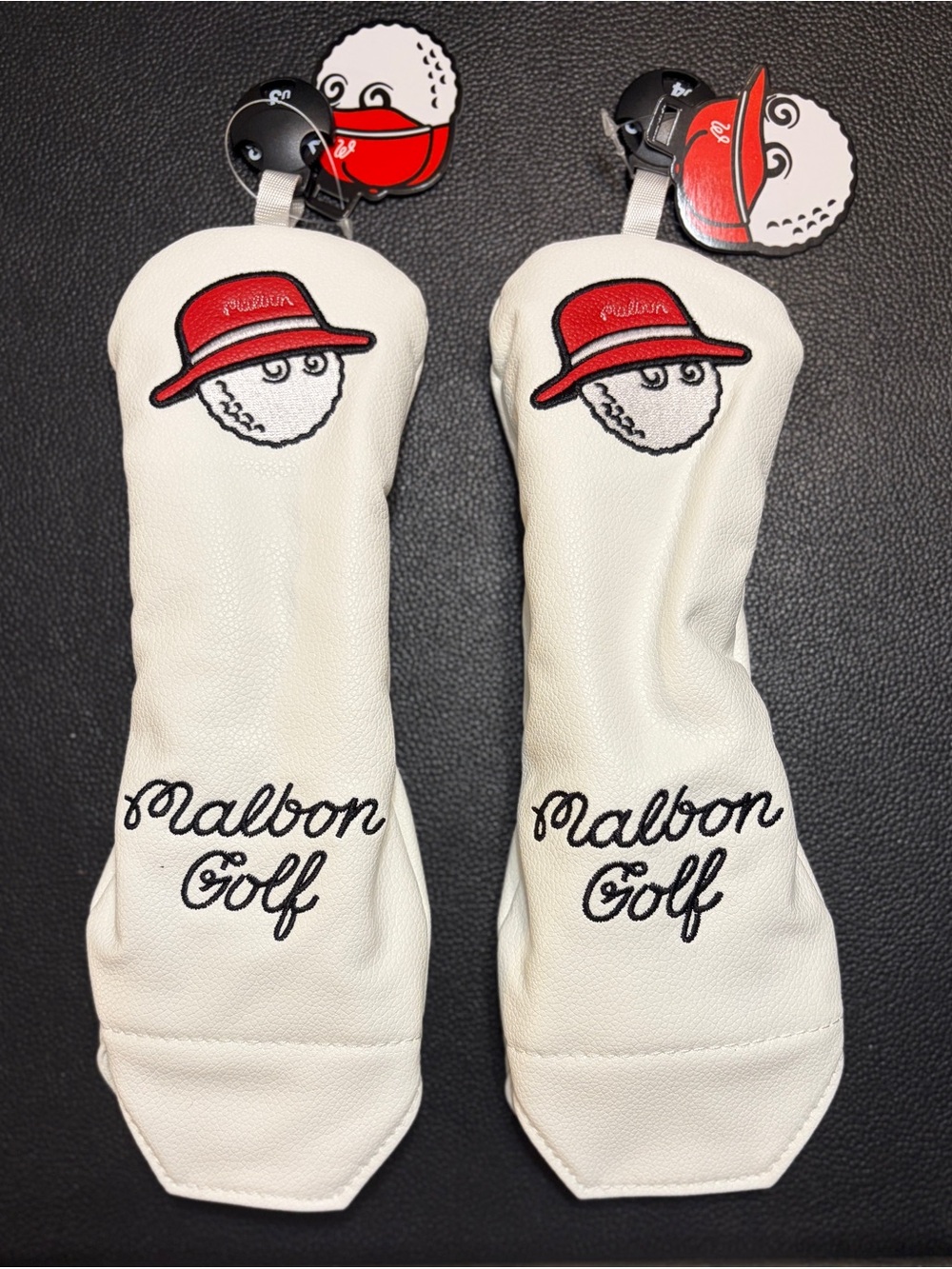MALBON Golf Hybrid White Leather Headcovers with Red Hat Logo